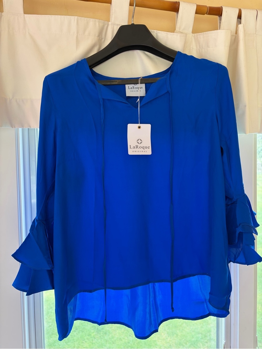 LaRoque Original | Royal Blue Ruffle Sleeve Silk Women's Blouse - Picture 2 of 10